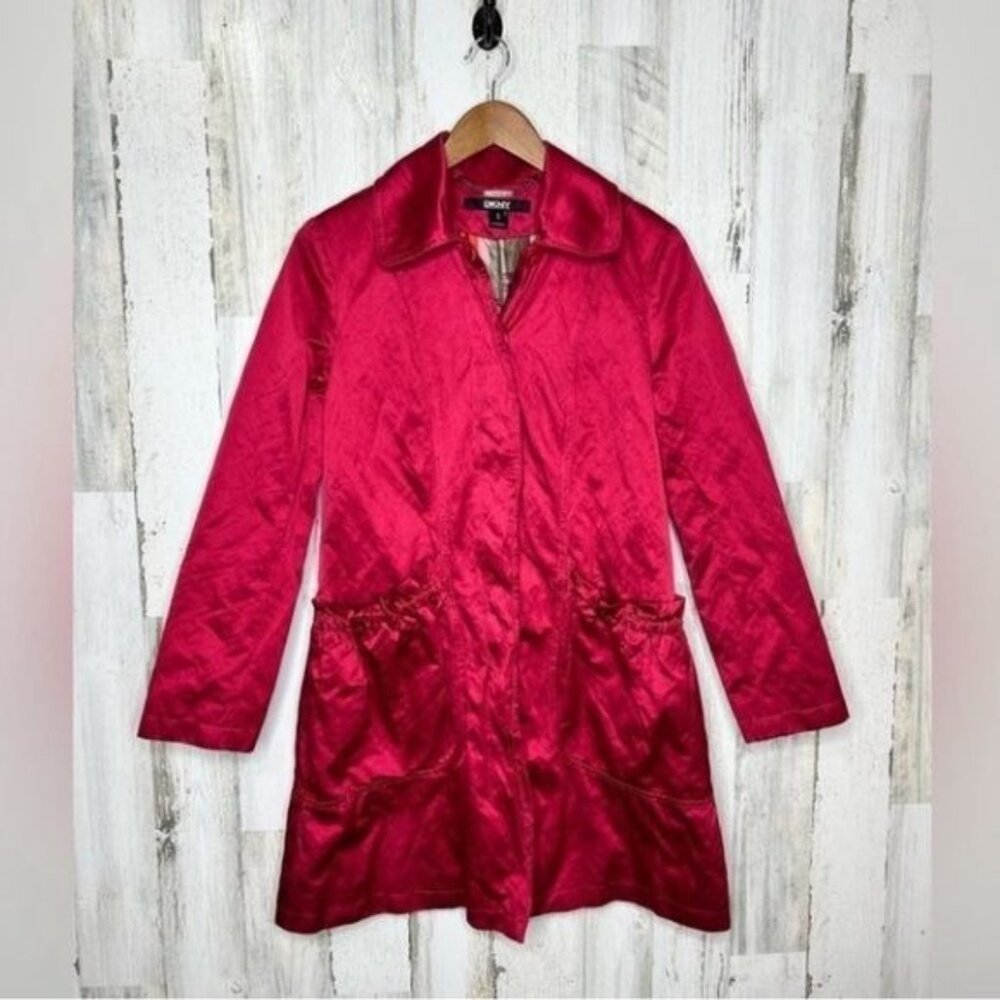 DKNY Women's Sateen Button Front Coat Magenta Pink Size Small
